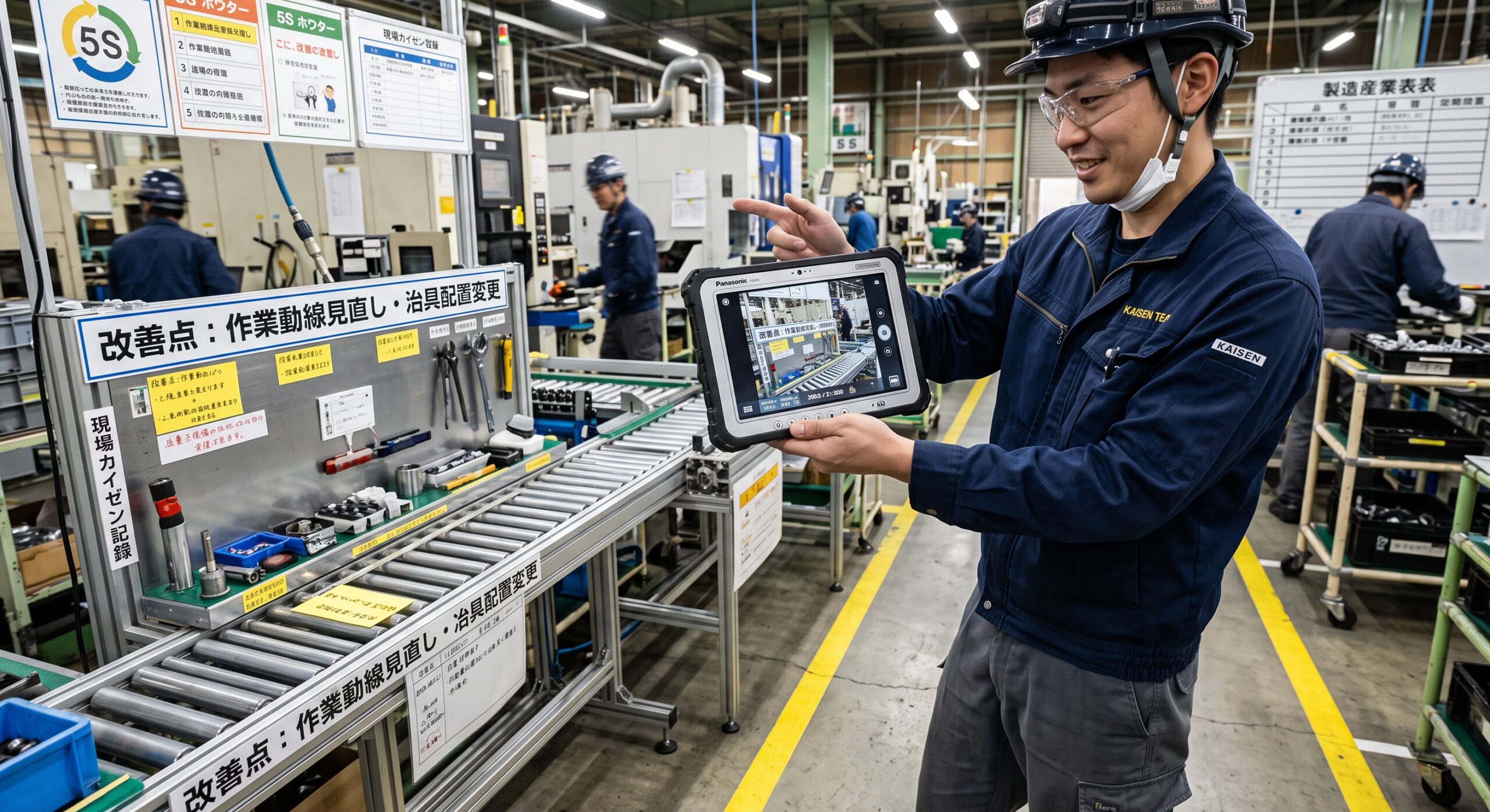 現場のフィードバックに基づき、タブレット上のデジタル手順書を柔軟に修正・改善する様子